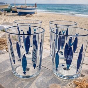 RAKLE Coastal Fish Glass Set of 4 Mediterranean Nautical Tumblers